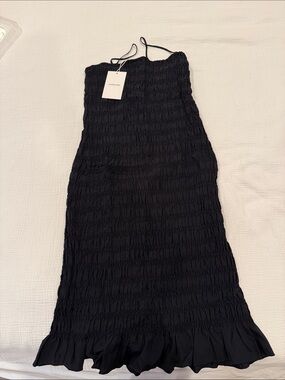 Everlane Black Smocked Midi Dress with Ruffle Hem